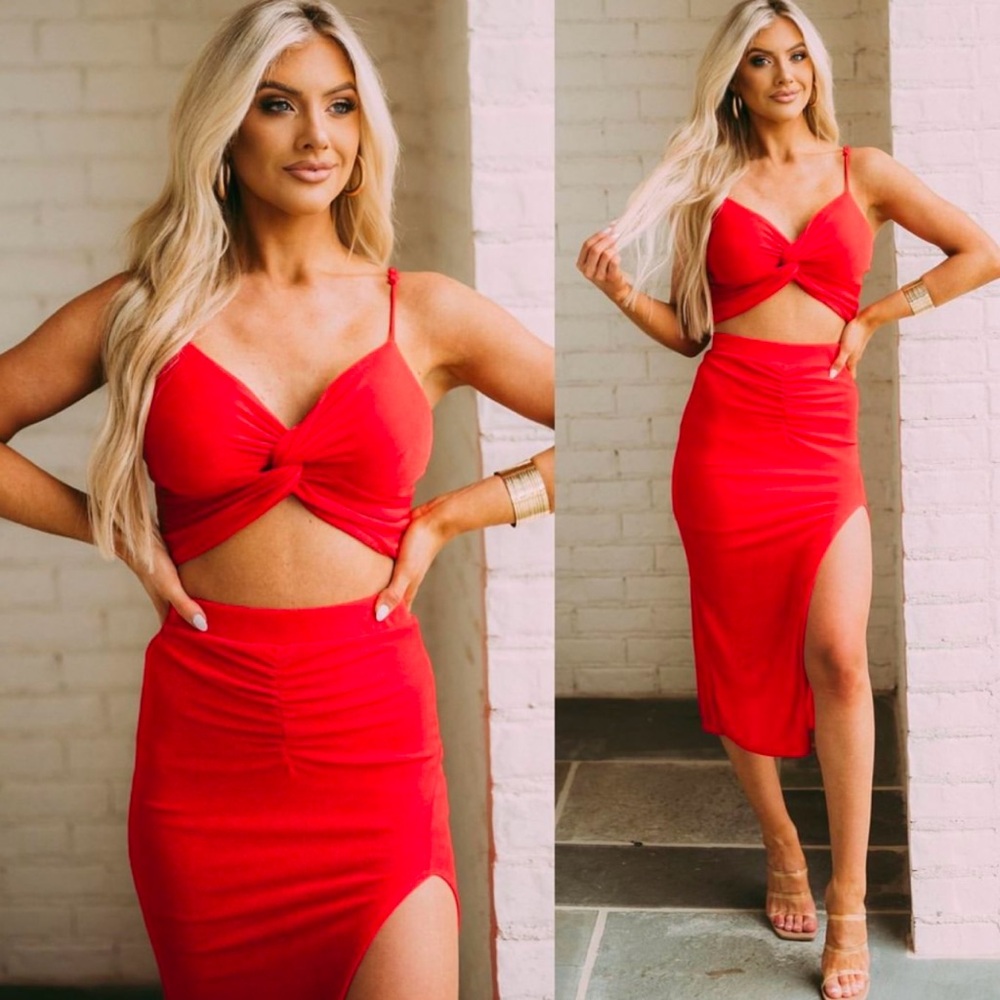 These Three Boutique Red Sleeveless Tie Front Two Piece Skirt Set